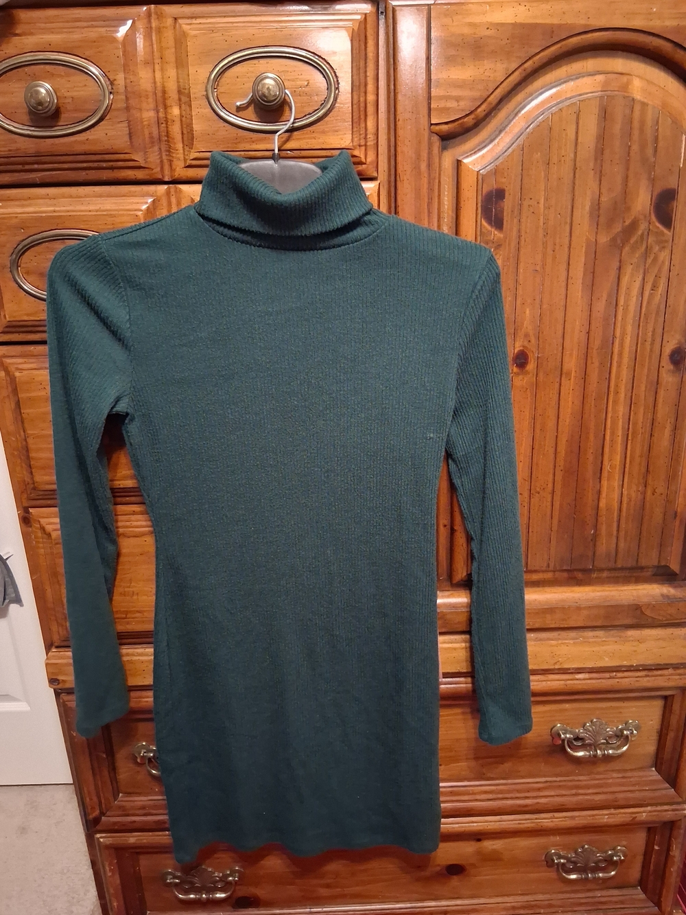 SO Dark Green Ribbed Turtleneck Sweater Dress